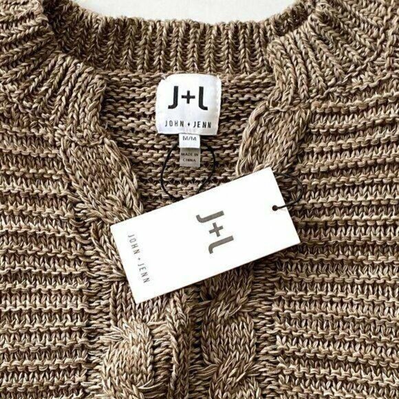 NWT John + Jenn Cable Knit Fringe Sleeve Cotton Sweater, Size M - Picture 7 of 8